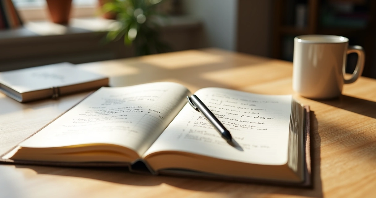 Open journal and coffee on a desk