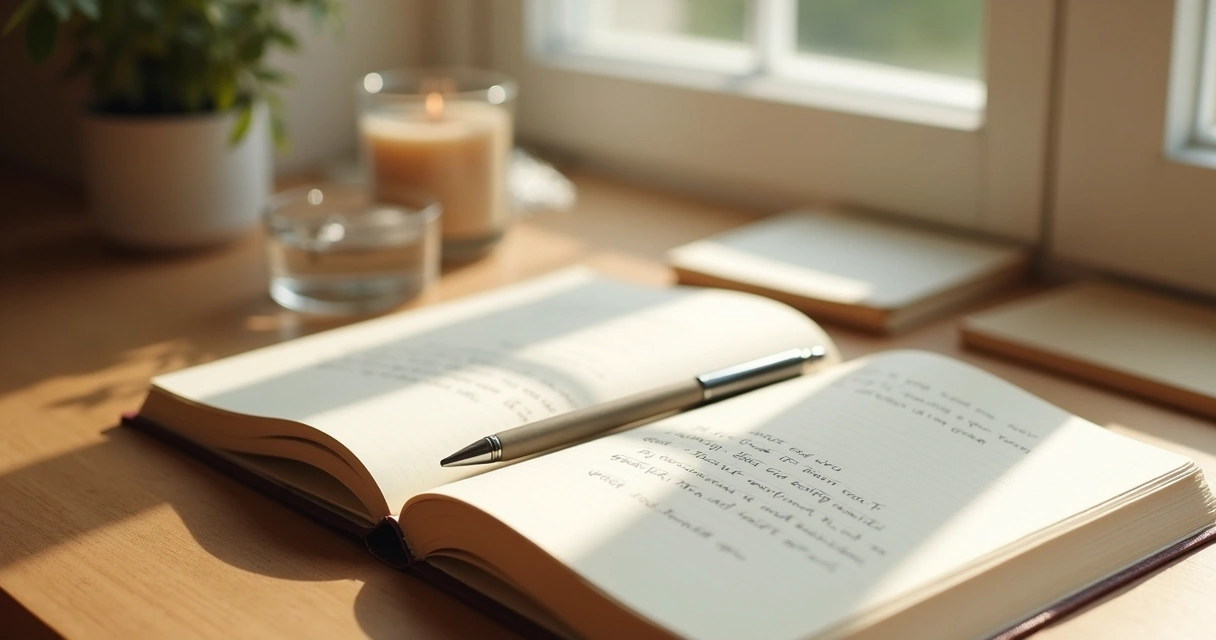 Open journal and pen on a calm desk with soft morning light