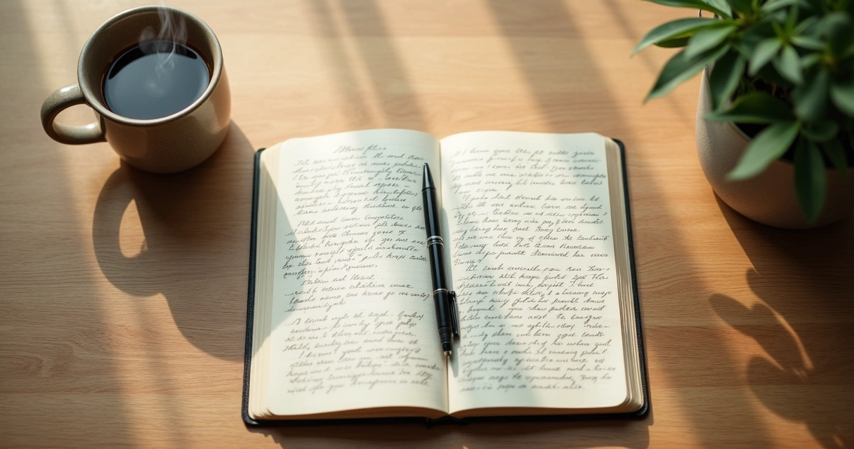 Open journal and coffee on a desk with soft morning light 
