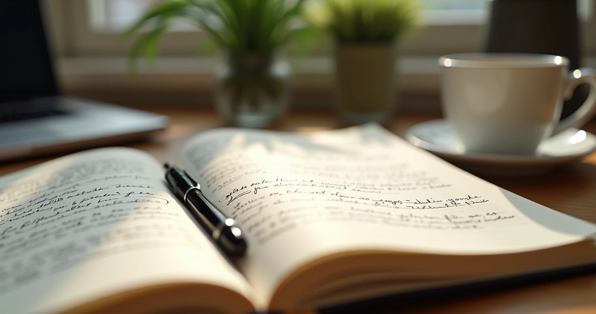Open journal on a desk with handwritten words, pen beside it 