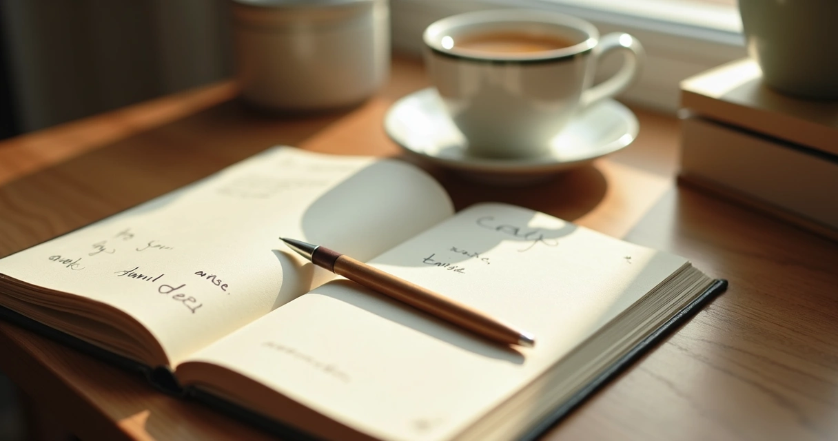 Open journal on a desk with soft morning light
