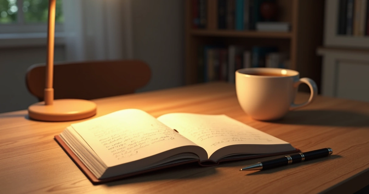 Open journal, pen, and warm desk light during quiet self-reflection