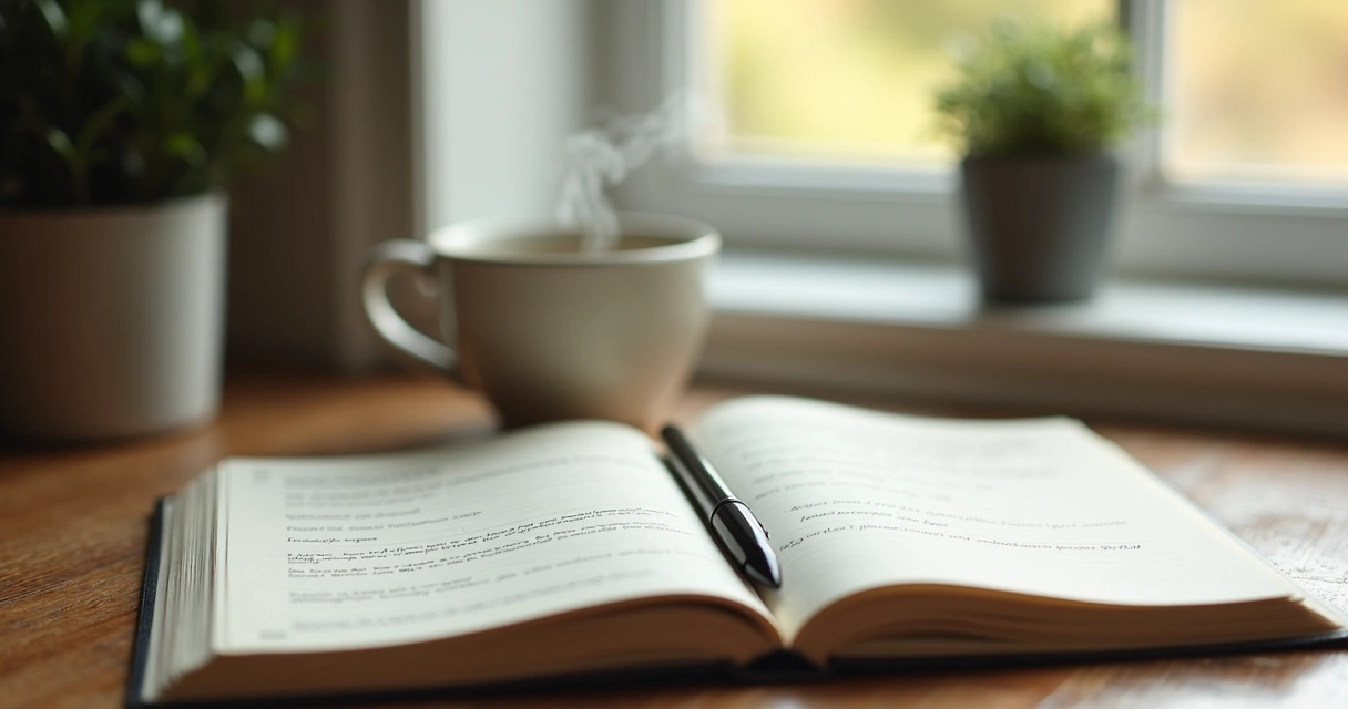 Open journal, pen, and coffee on a quiet desk
