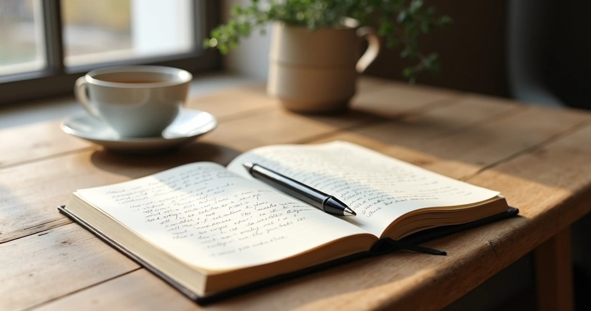 Open journal and pen on a quiet desk by a window
