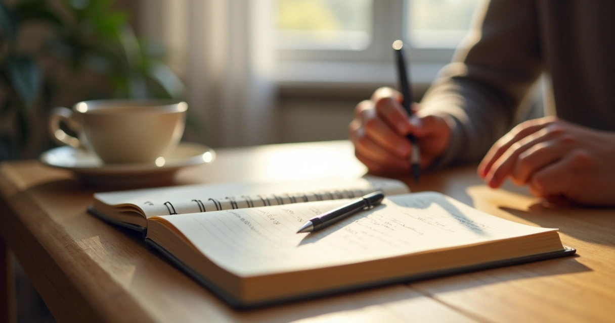 Open journal and pen on a quiet desk by a window