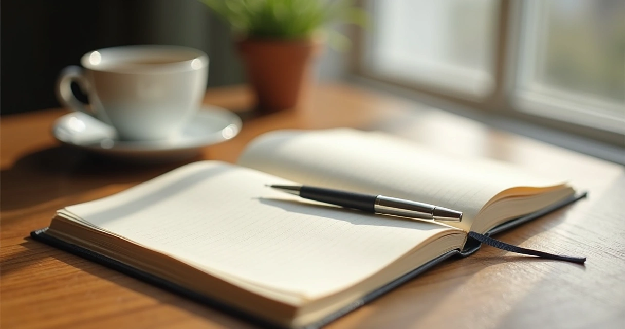 Open journal beside tea and a pen on a quiet desk