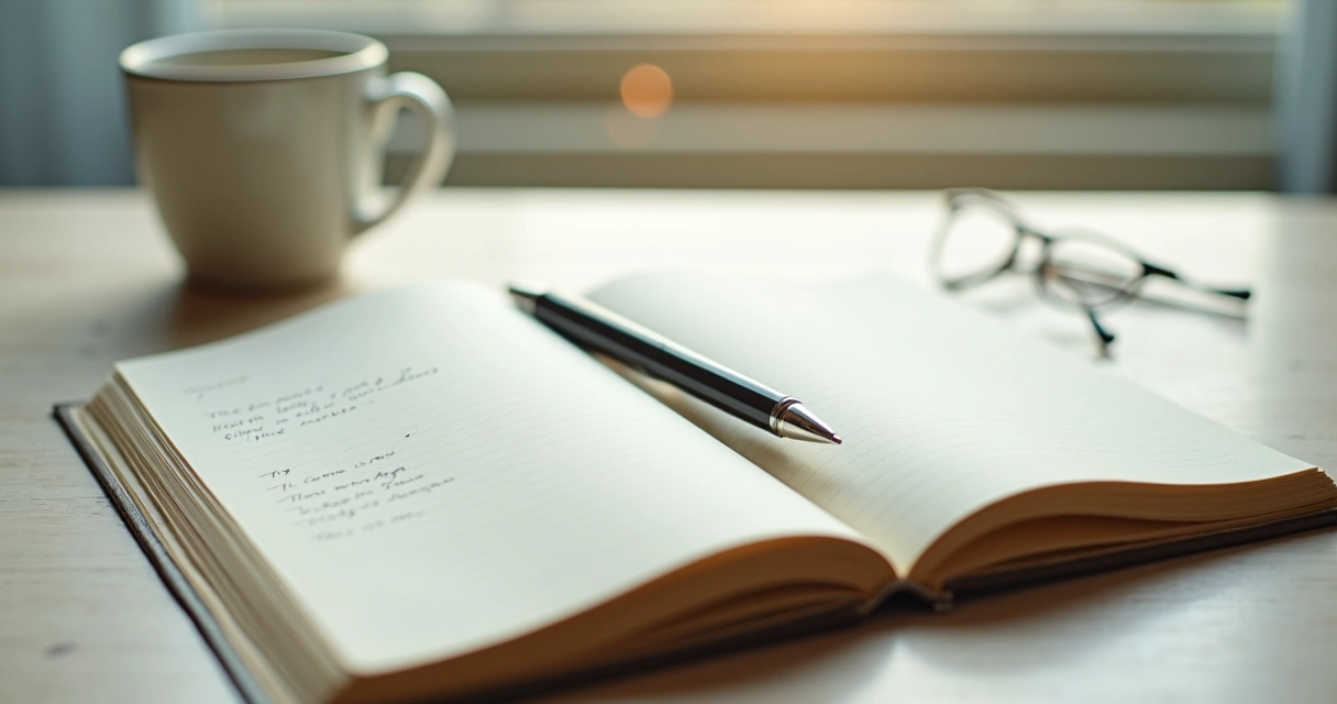 Open journal and pen on a calm desk by a window 