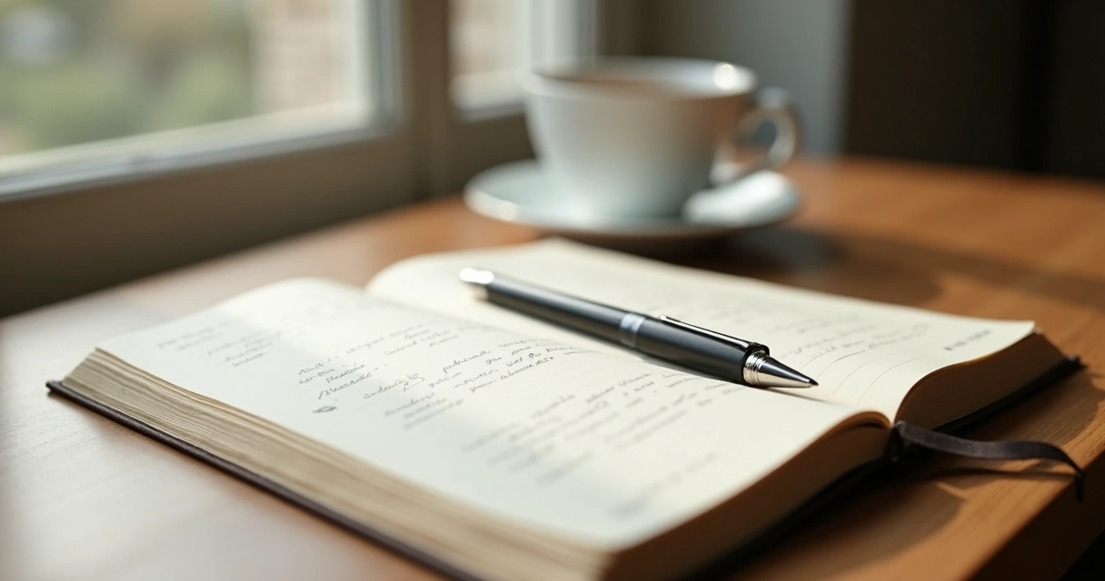 Open journal and pen on a desk with soft morning light 