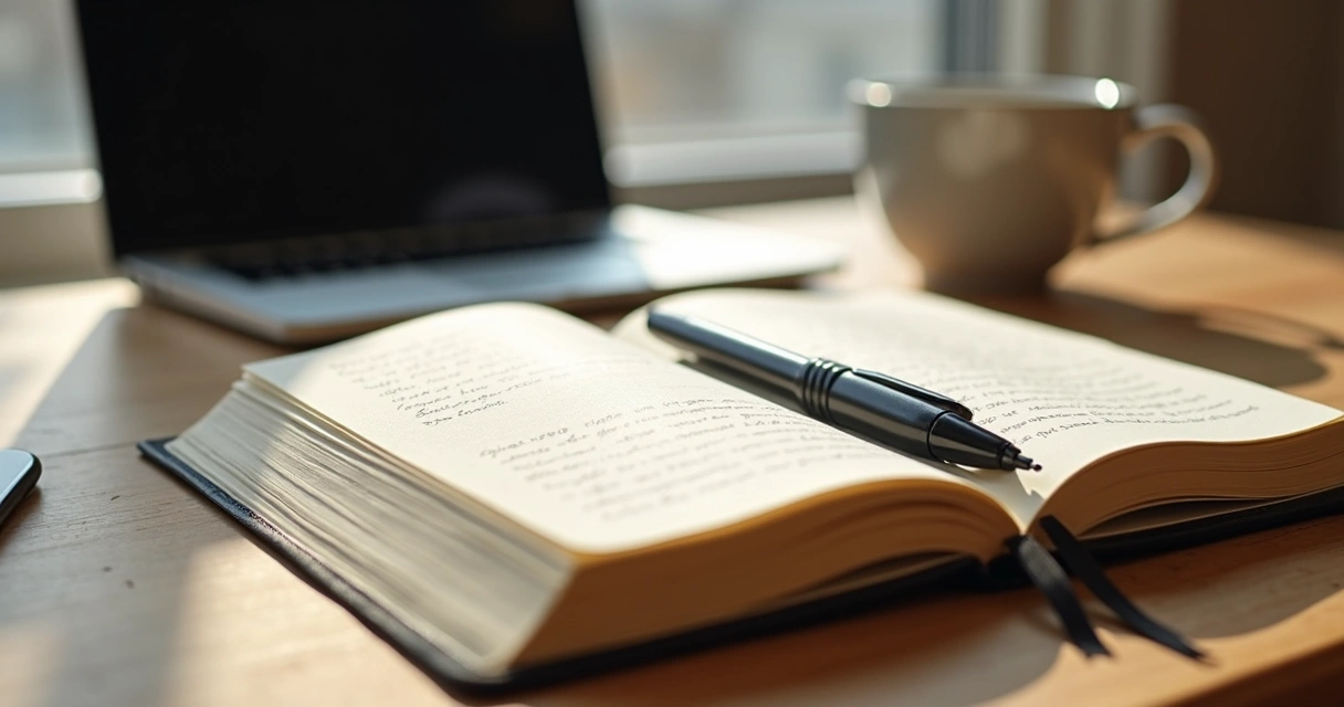 Open journal and coffee cup on a desk 
