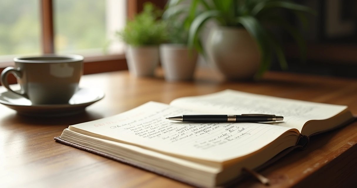 Open journal and coffee cup on a desk by a window 