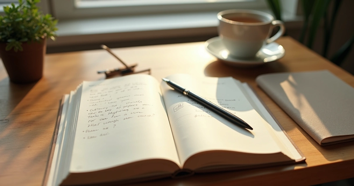Open journal and pen on a quiet desk by a window 