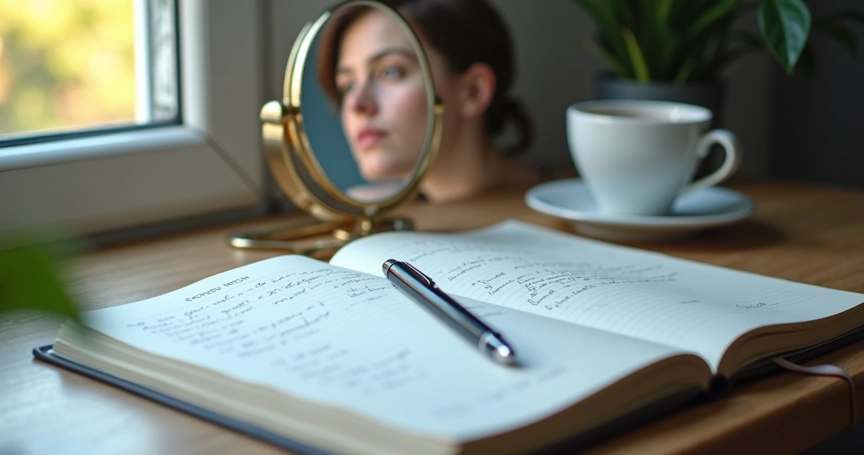 Open journal and mirror on a quiet desk 