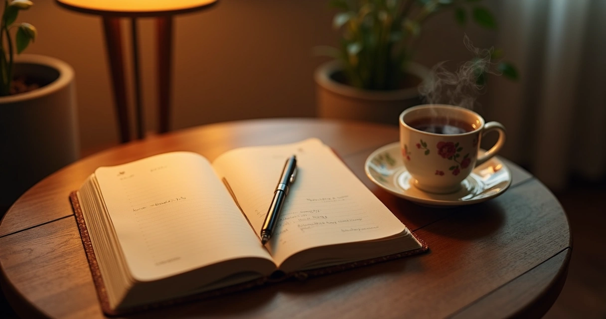 Open journal and tea on a table during evening self-reflection 