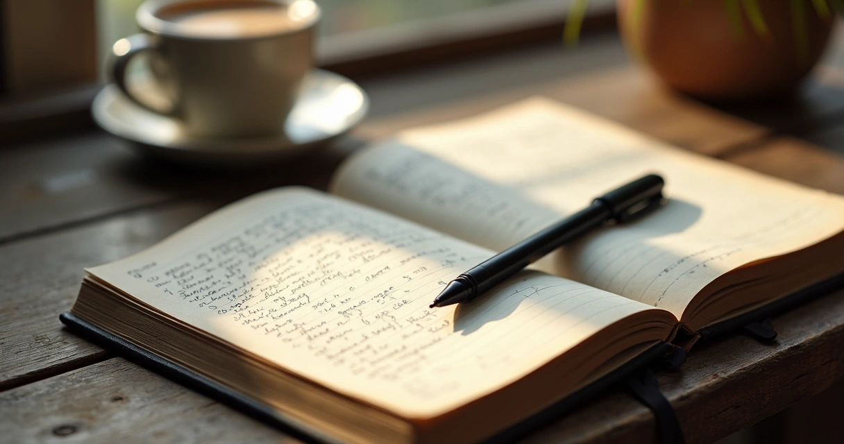 Open journal with handwritten notes, pen beside coffee cup on wooden table 
