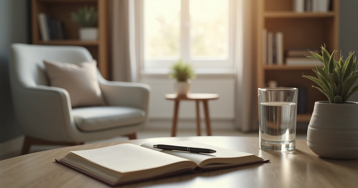 Open journal and chair in a calm therapy room