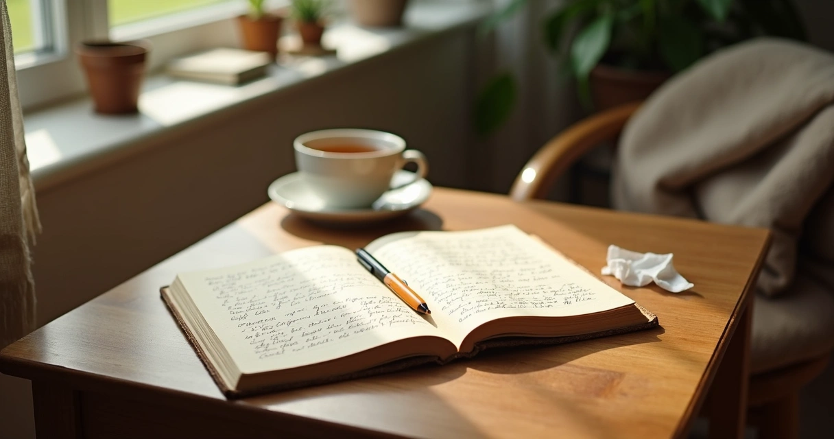 Open journal and tea cup on a quiet table