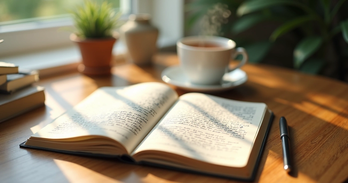 Open journal, pen, and tea on a quiet table 