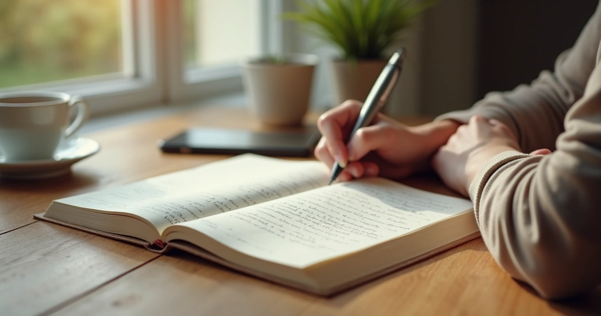 Notebook and coffee beside a person writing reflections at a table
