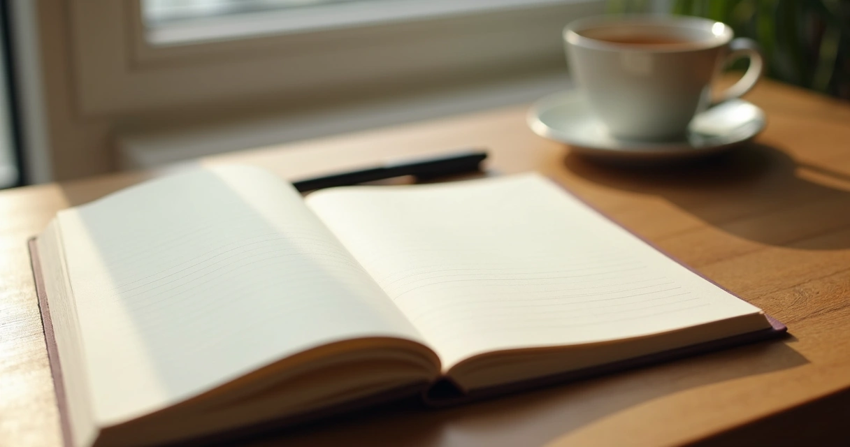 Open journal and pen by a window in soft morning light 