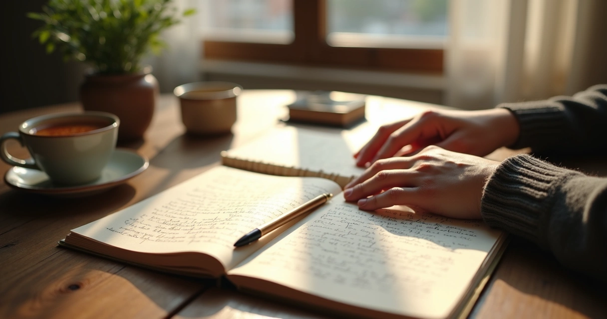 Open journal and cup by a window during reflection 