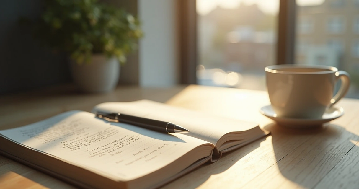 Open journal beside a window for reflection