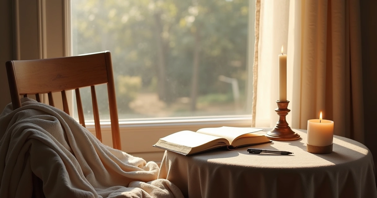 Journal and candle by a window for year-end reflection