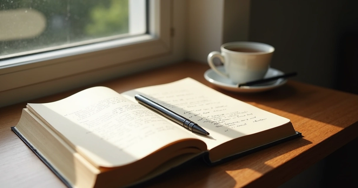 Open journal beside a window with soft morning light