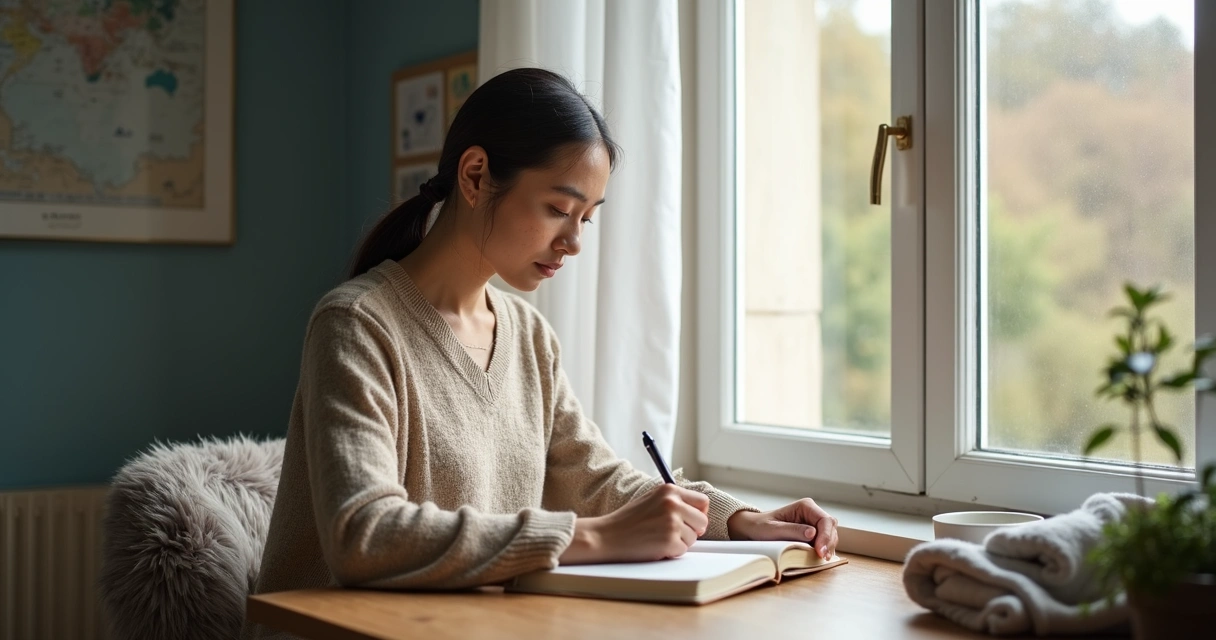 Adult writing in a journal near a window in quiet reflection