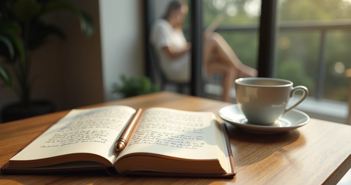 Open journal and cup by a window
