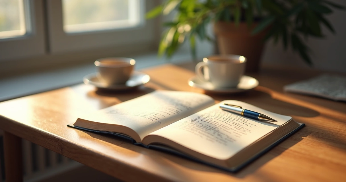 Open journal beside a window with handwritten reflections 