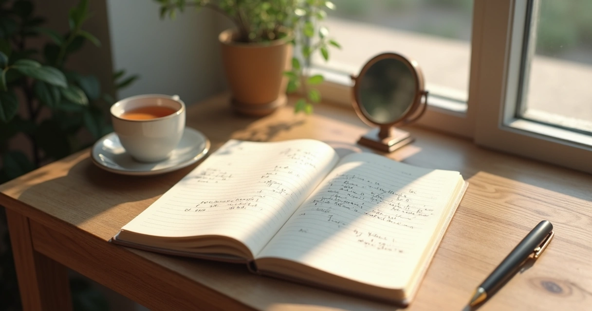 Notebook and mirror by a window for self-reflection