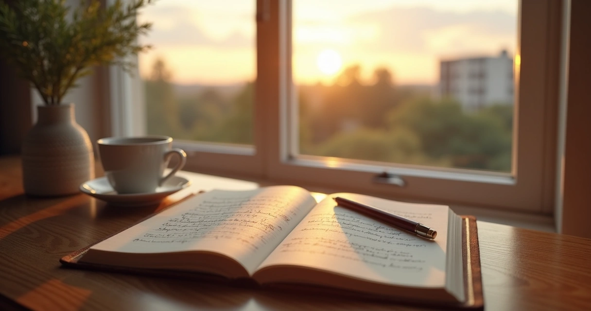 Open journal on desk beside a window at sunrise