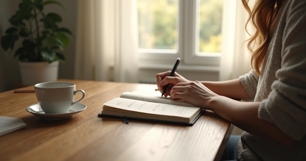 Person writing in a journal by a window 