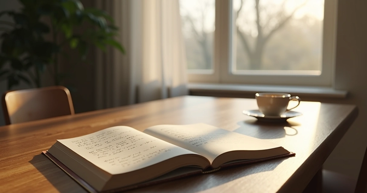Open journal beside a window with handwritten notes and a calm room