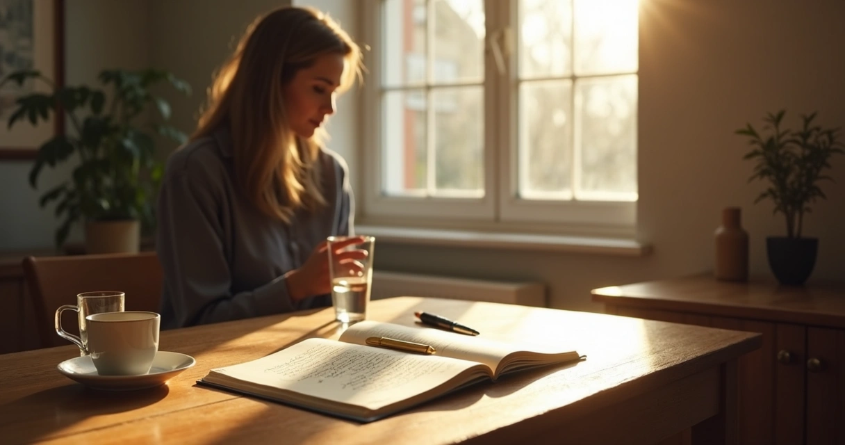 Open journal on desk beside window during reflective pause
