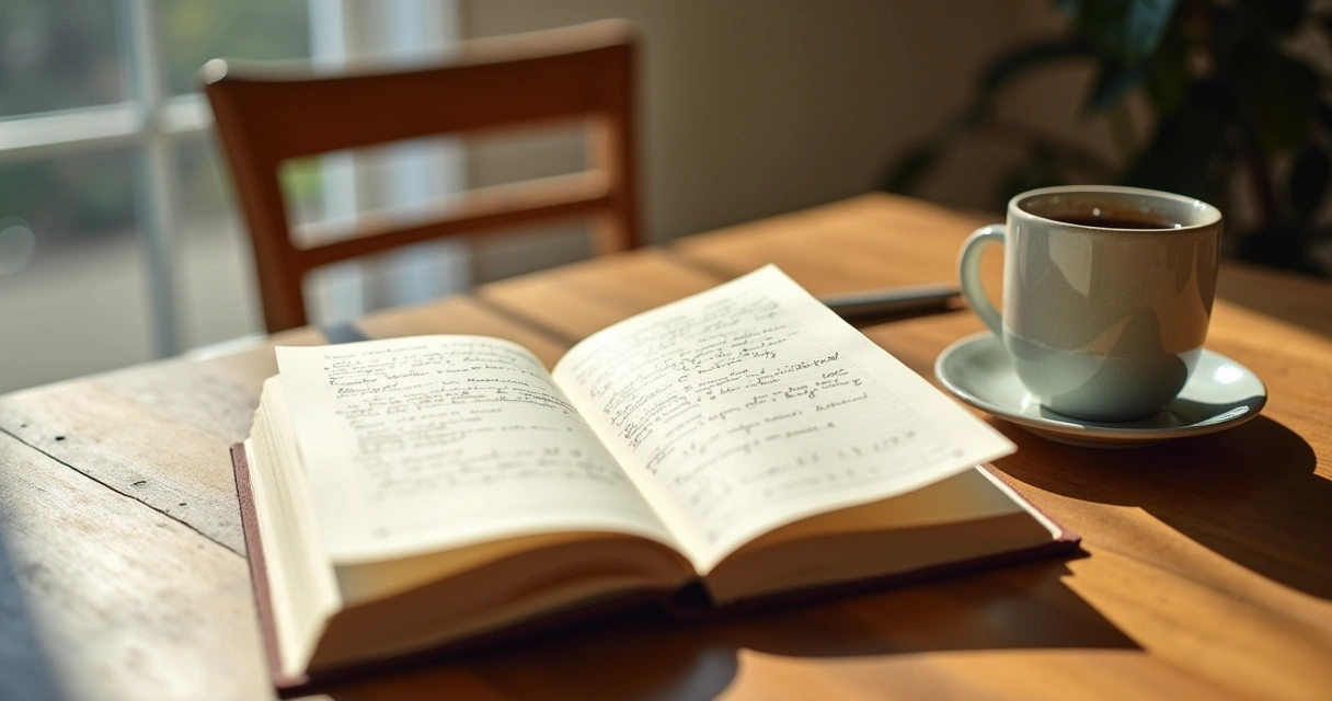 Open journal and cup on a table near a window in soft light