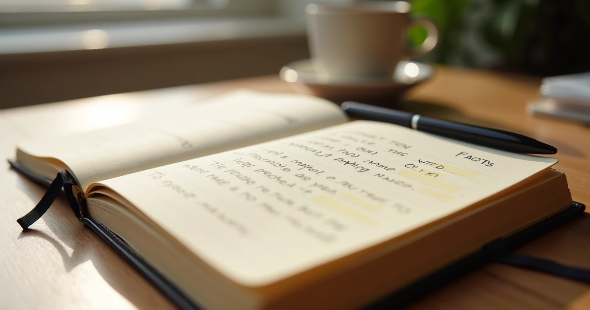 Open journal with reframing notes and highlighted sentences 
