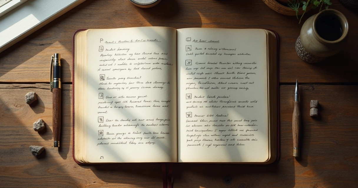 Open journal with rune notes and drawn symbols 