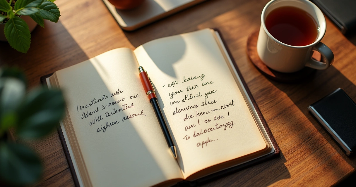 Open journal and pen on a wooden desk with handwritten notes on self-leadership