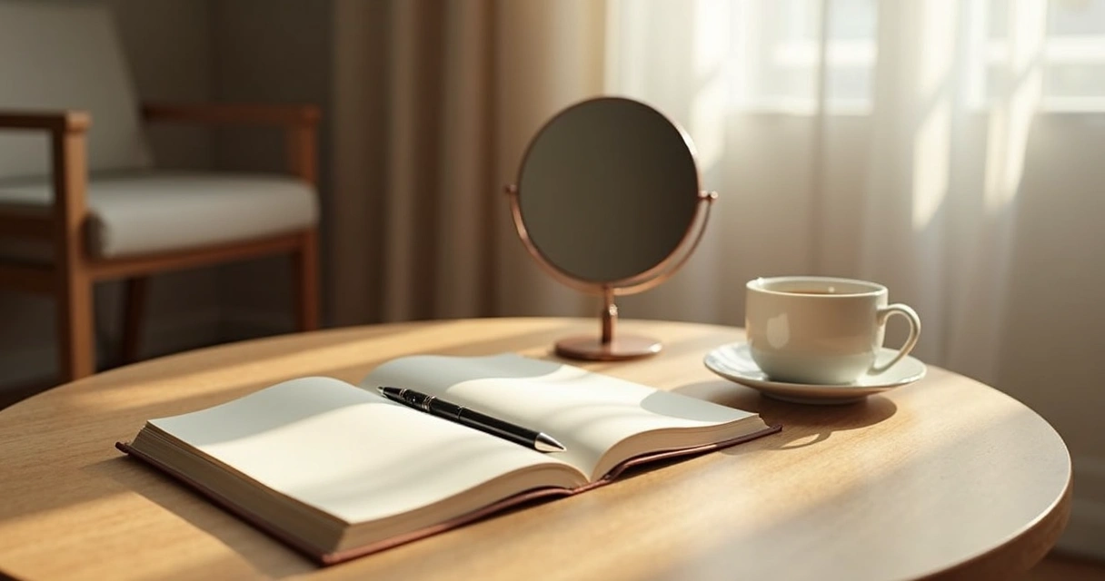 Open journal and pen beside a mirror on a quiet desk