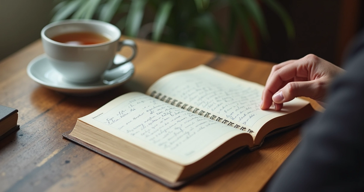 Open journal with handwritten notes beside a cup of tea