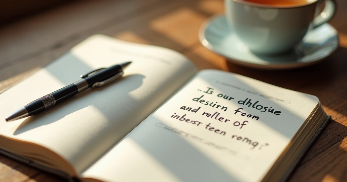Open journal with handwritten questions beside a cup of tea