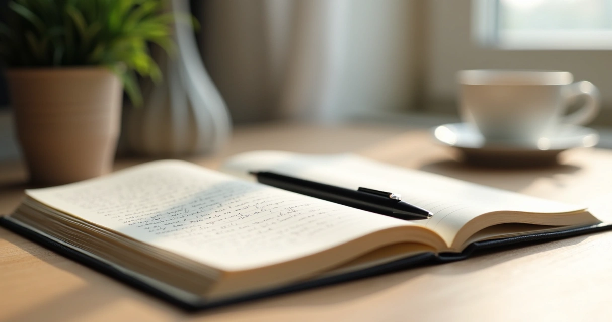 Open journal with handwritten thoughts and a pen on a quiet desk 