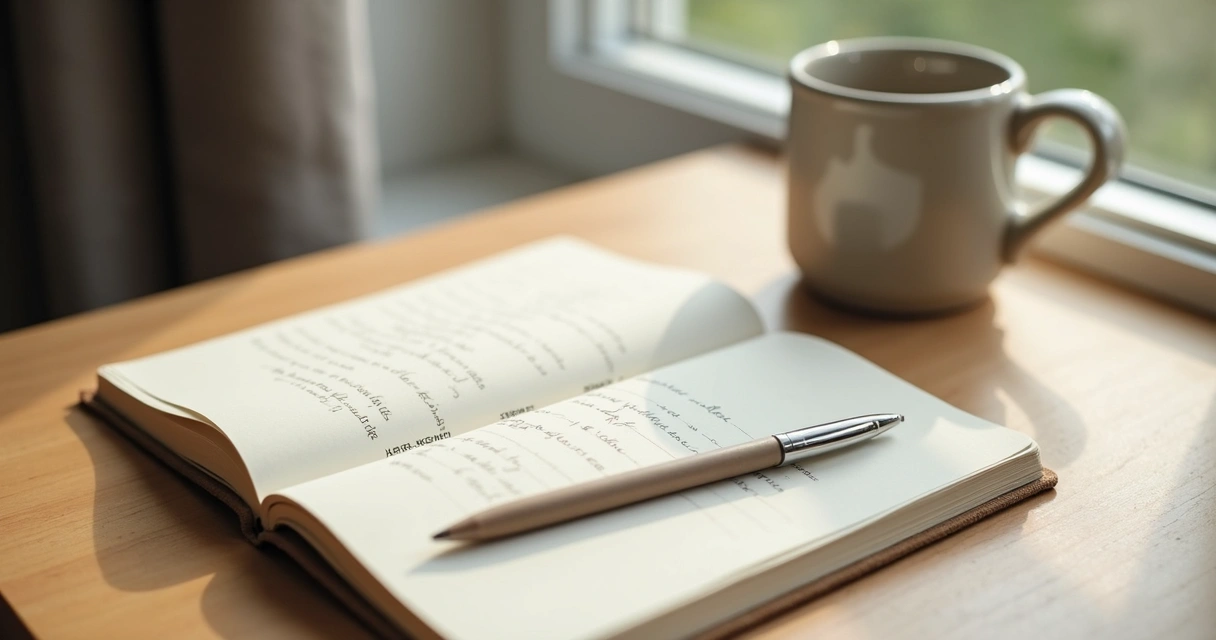 Open journal and pen beside a cup on a quiet desk