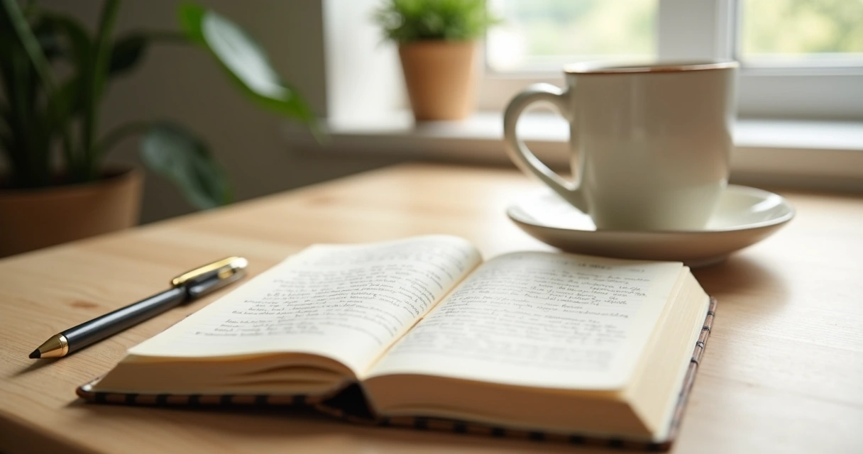 Open journal with notes beside a cup of tea and a calm window view 