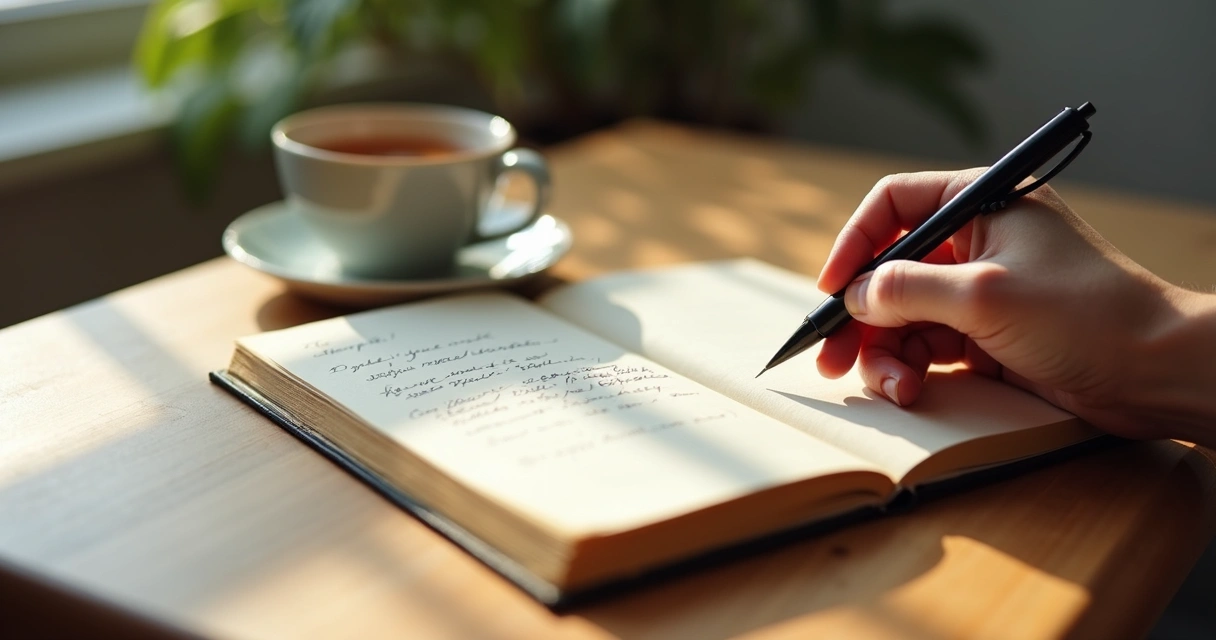 Open journal beside a cup during self-reflection