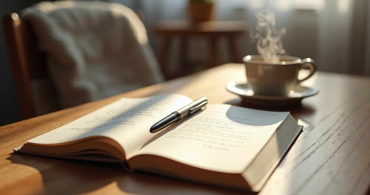 Open journal and pen on a table beside a cup of tea 