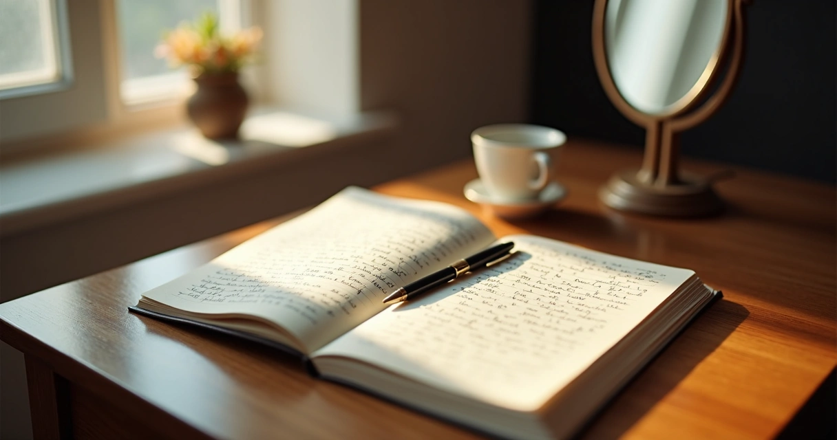 Journal and mirror on a desk for self-reflection