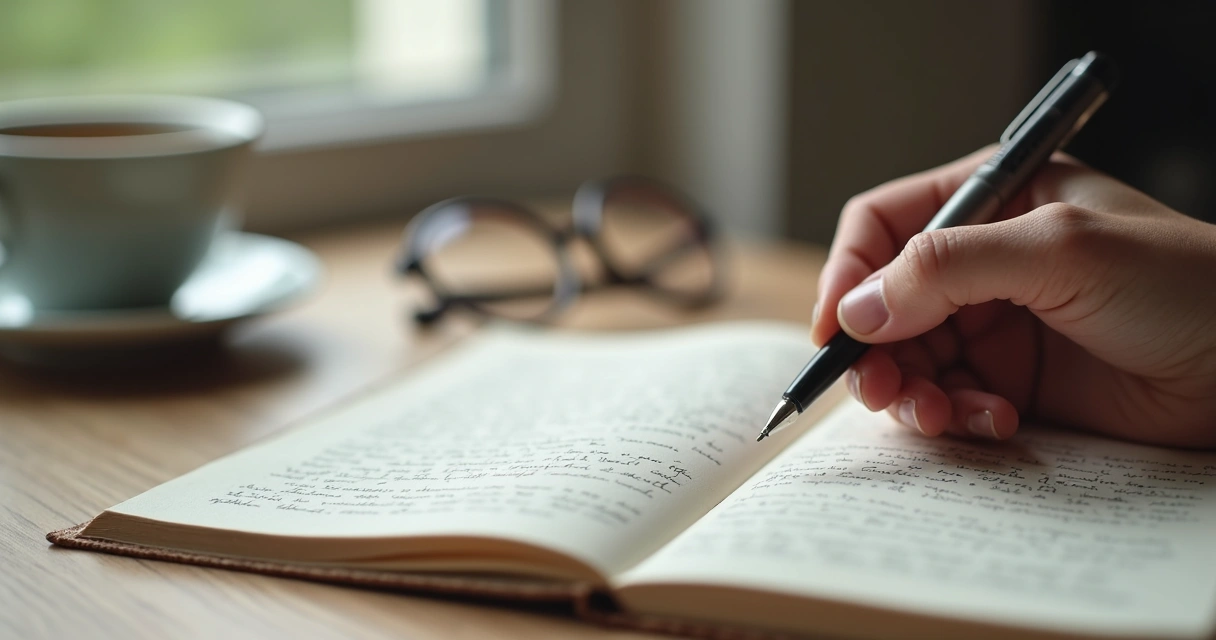 Open journal beside glasses and a hand writing during self-reflection