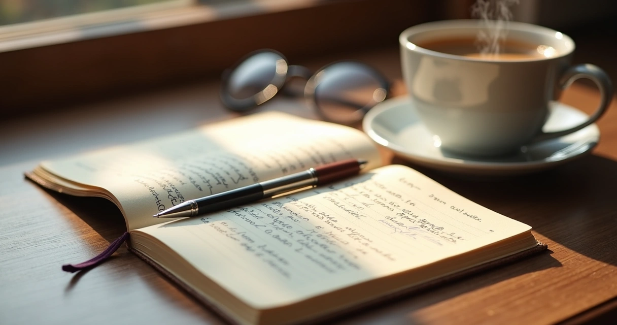 Open journal beside coffee and glasses on a wooden desk